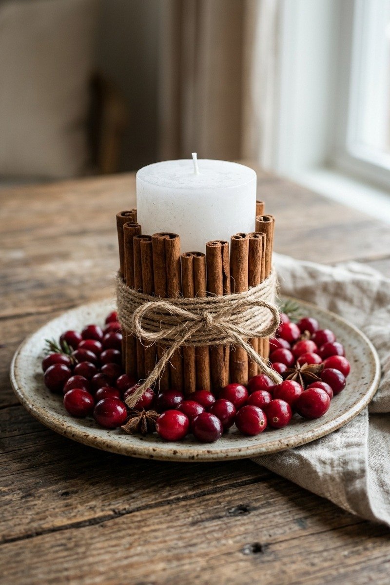 Pillar candle wrapped with cinnamon sticks