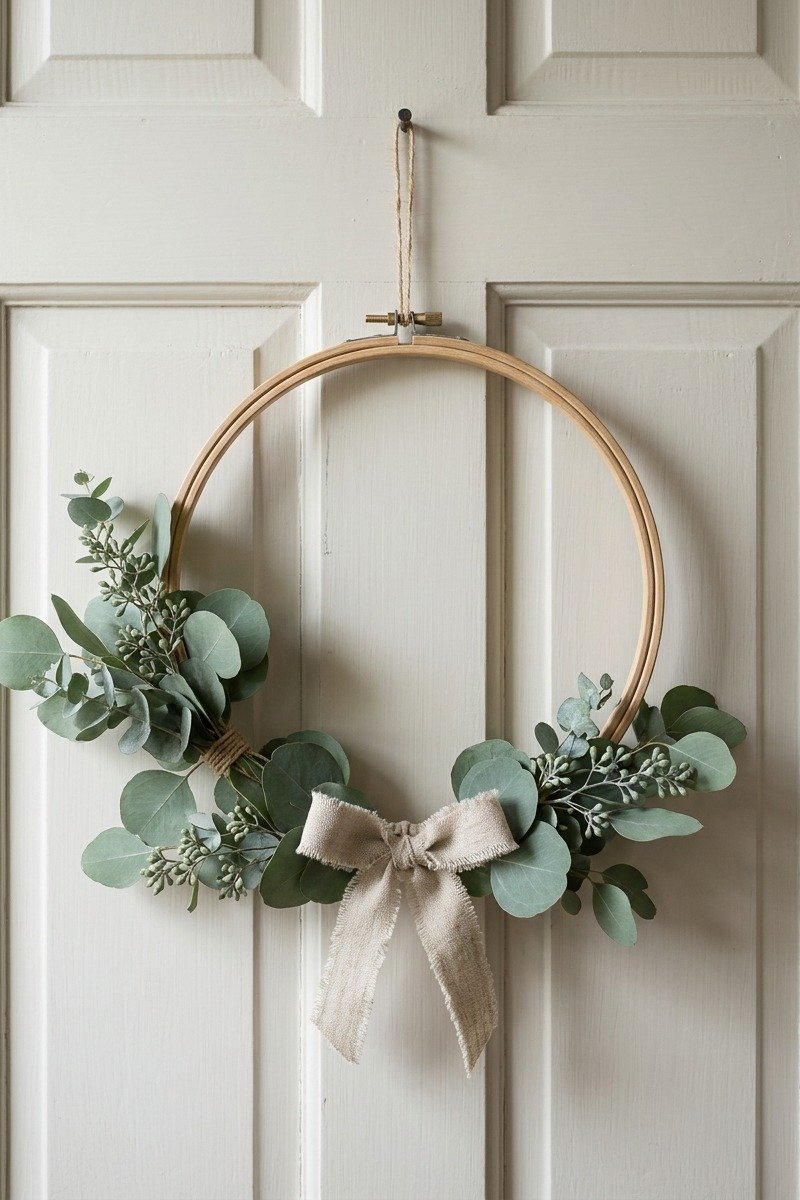 Embroidery hoop wreath with greenery