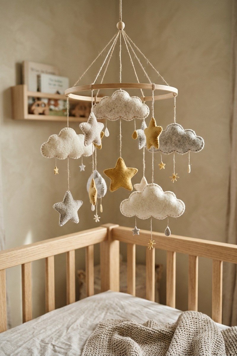 DIY felt baby mobile with clouds and stars