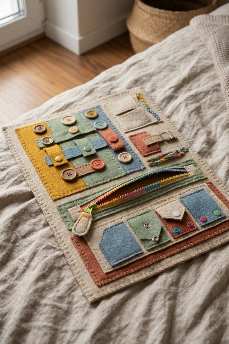 DIY felt busy board with buttons and zippers