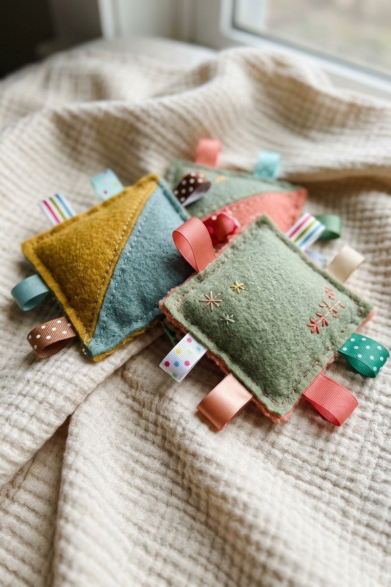 DIY felt crinkle squares with ribbon tabs