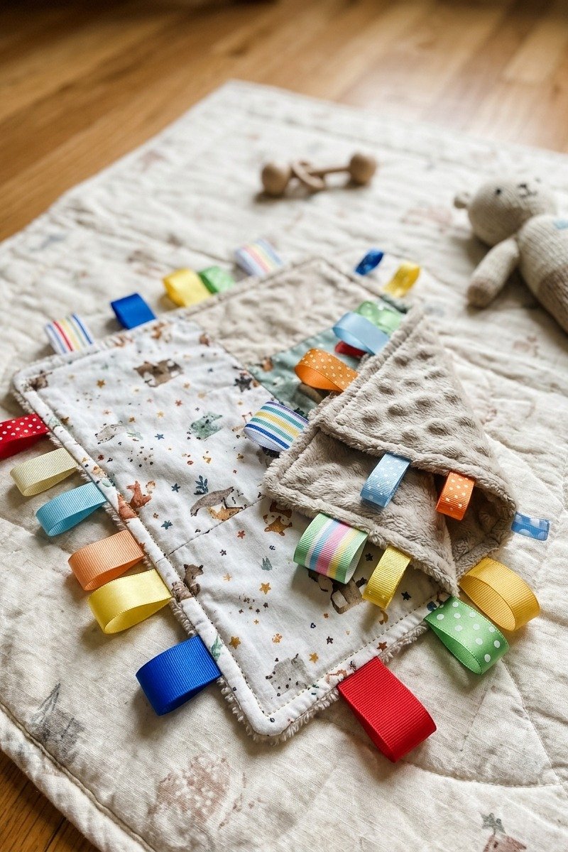 DIY taggie blanket with ribbon tags