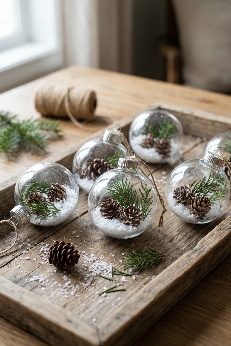 Clear ornaments filled with greenery and confetti