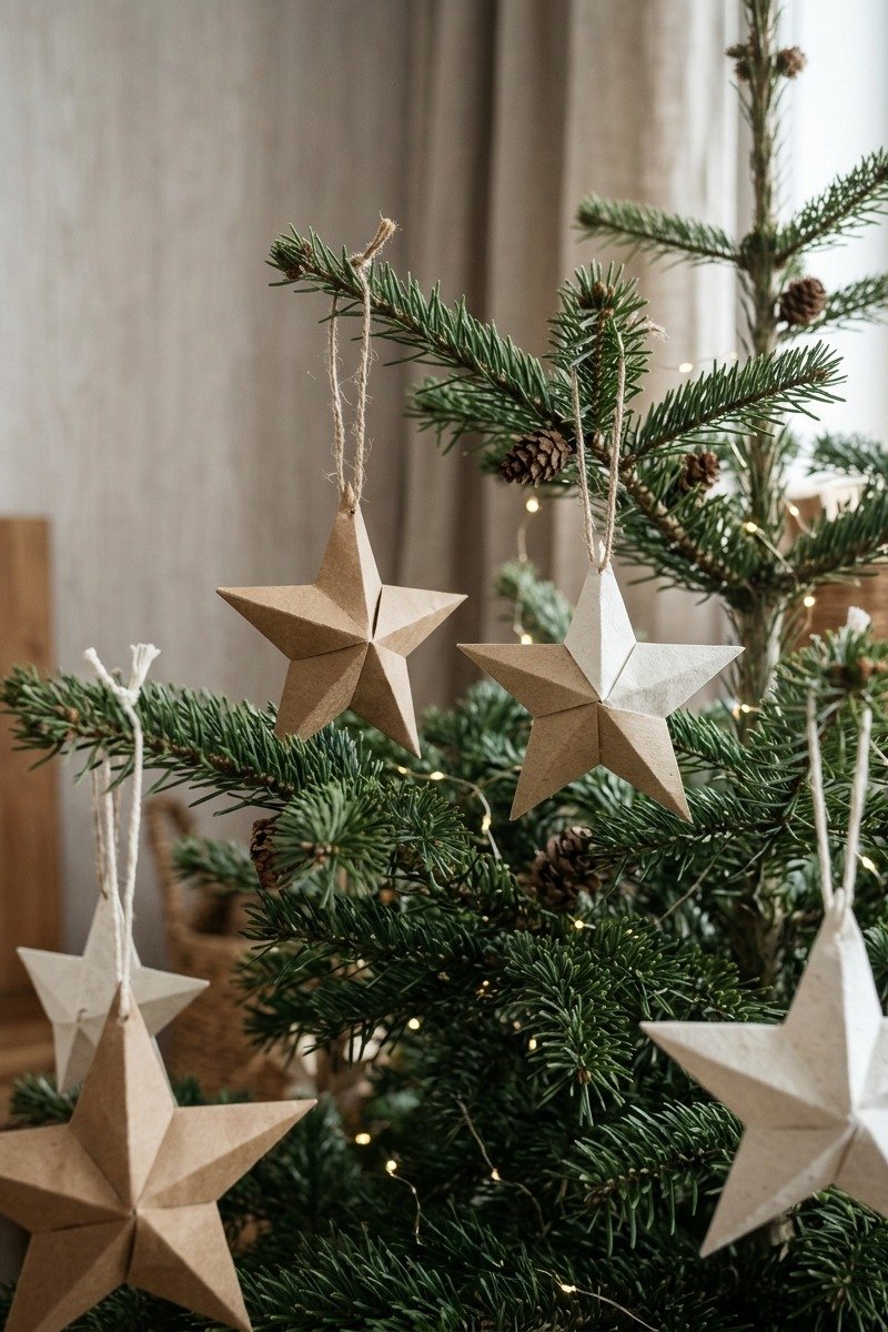 Folded paper stars hanging on a tree