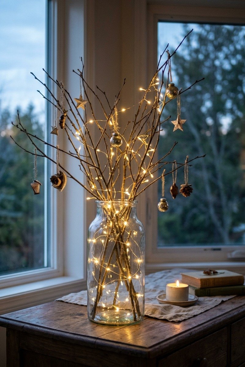 Branches with fairy lights in a vase
