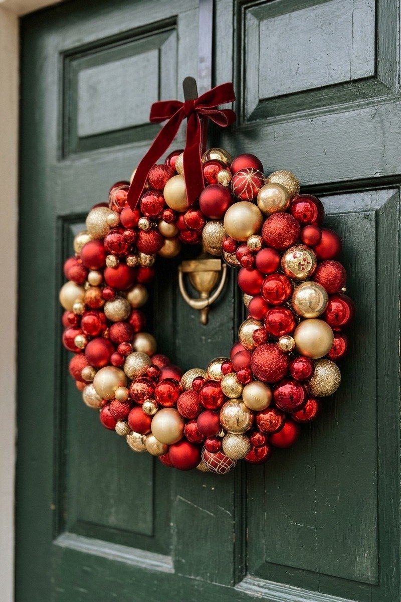 Wreath made of red and gold ornaments