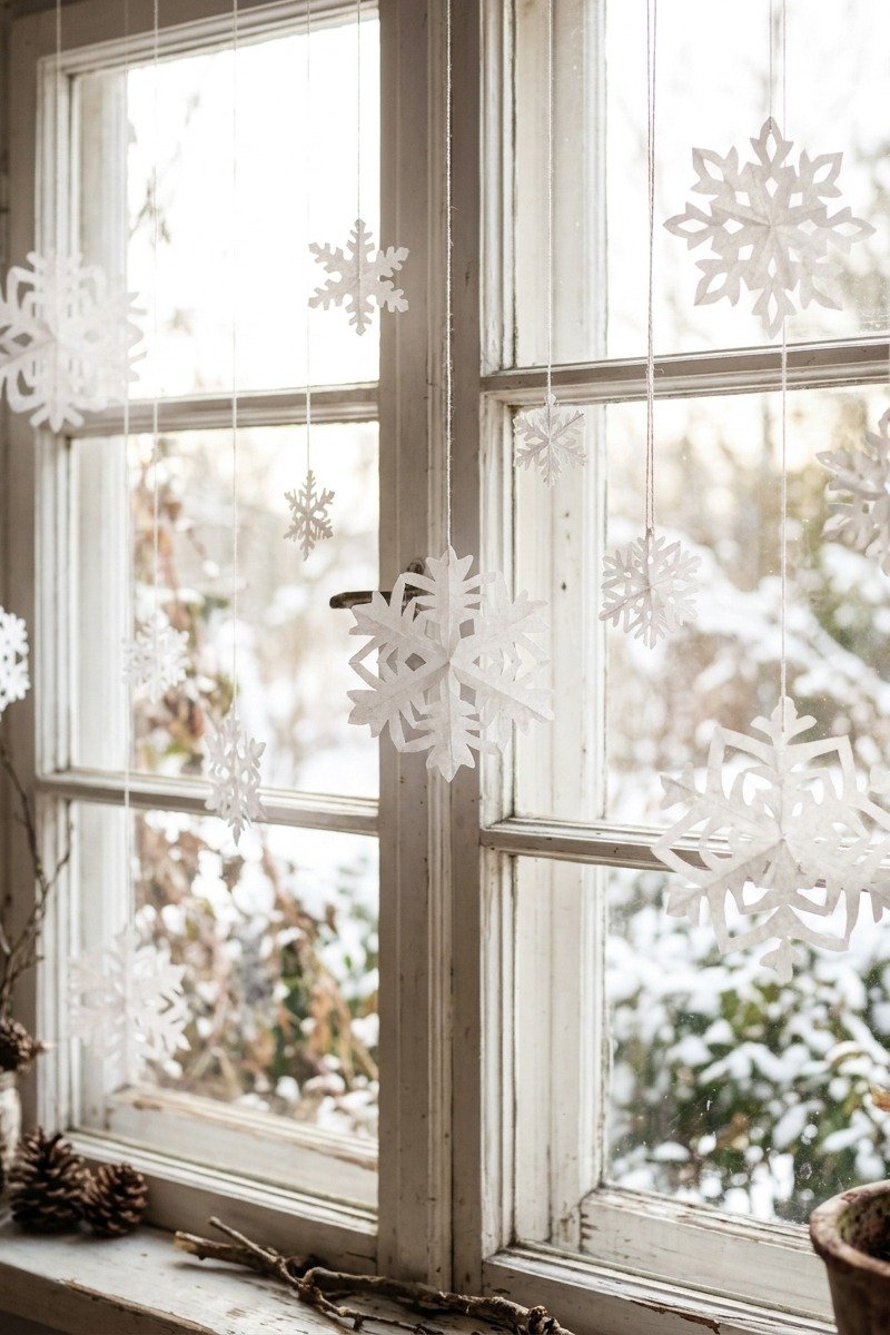 Paper snowflakes hanging in a window