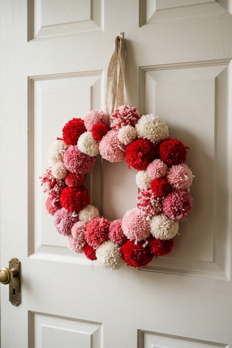 Colorful yarn pom-pom wreath