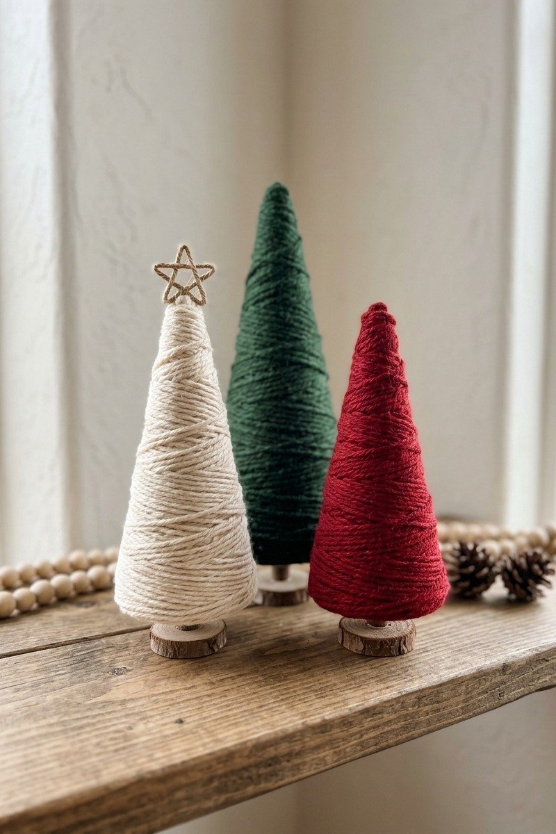 Yarn-wrapped cone Christmas trees
