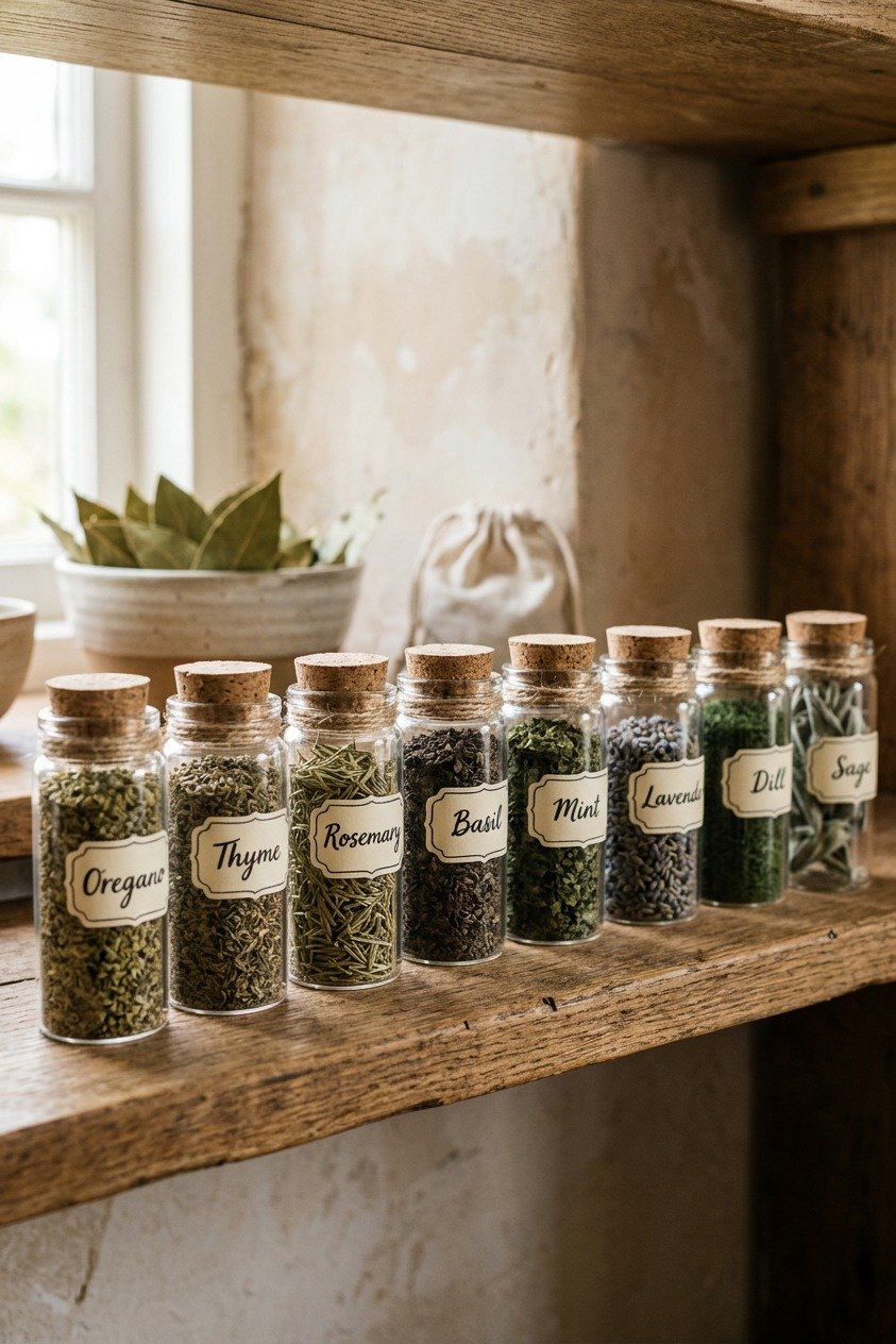 Dried herbs stored in labeled glass jars