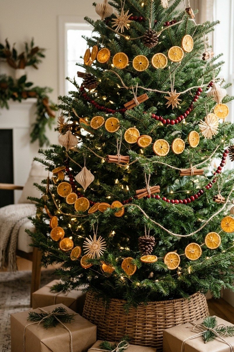 Dried orange slice garland on a tree