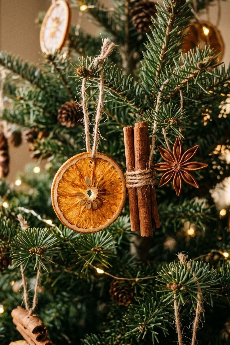 Dried orange slice ornaments on a tree
