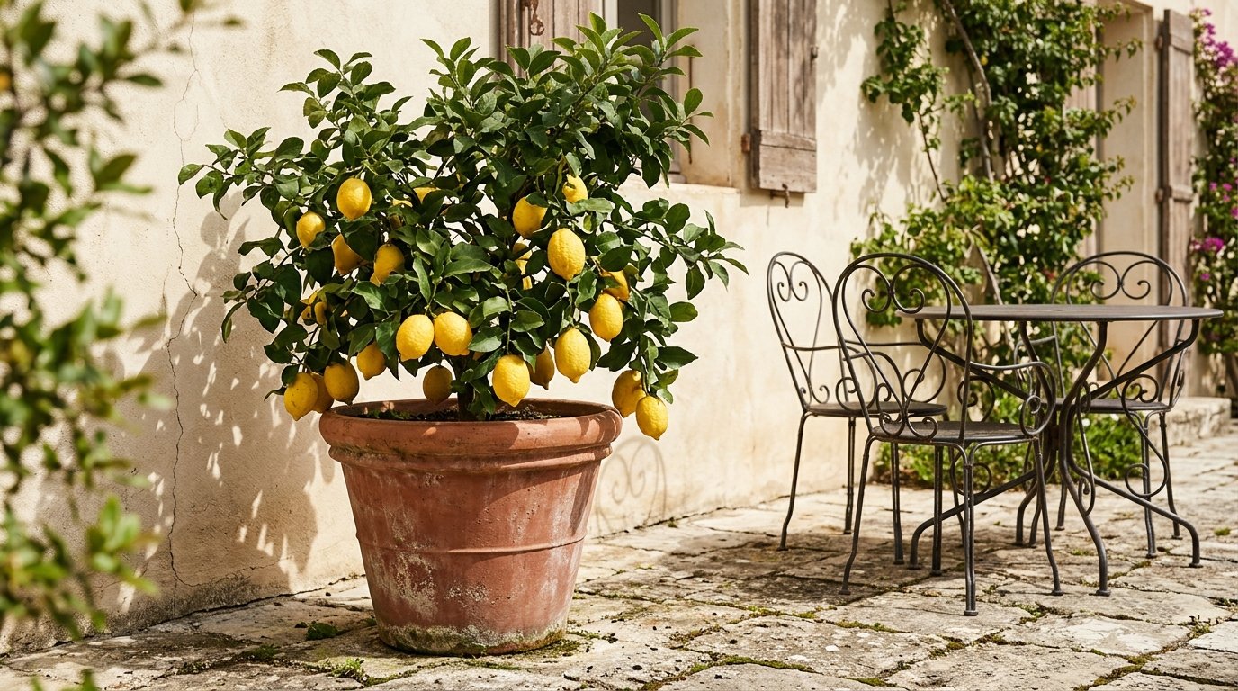 Dwarf lemon tree with fruit in a large terracotta planter
