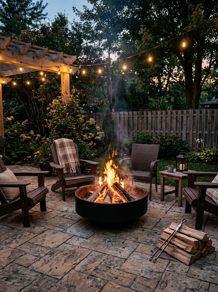 Steel fire pit bowl on a cozy backyard patio