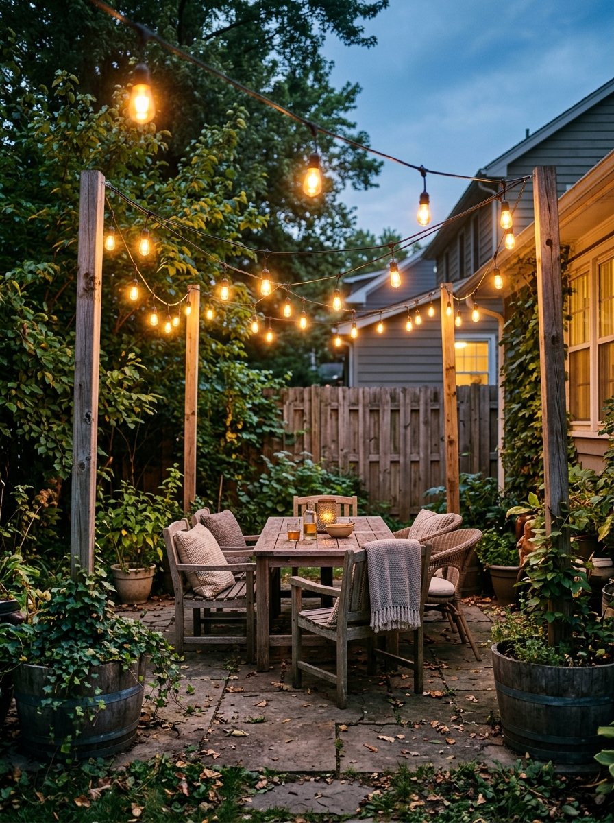 Zigzag string lights over a backyard patio