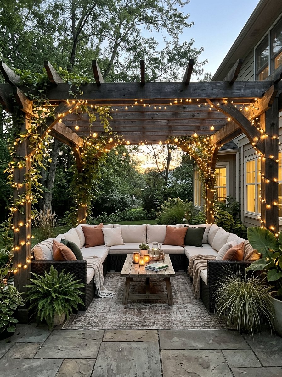 String lights wrapped around a pergola