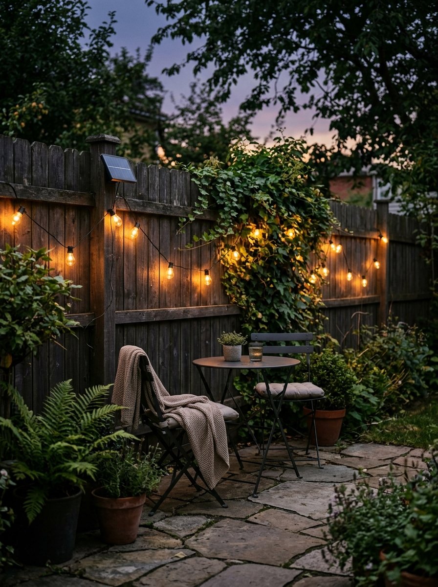 Solar string lights in a backyard