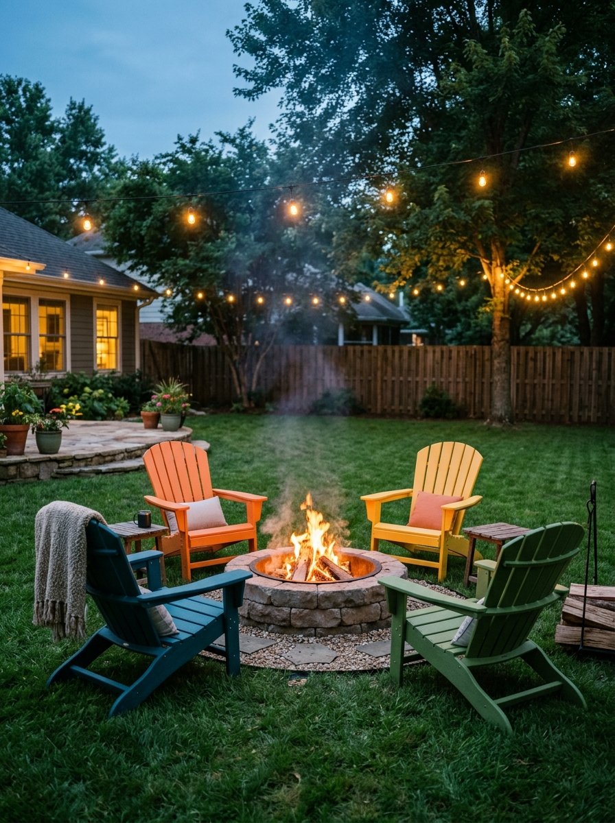 Adirondack chairs around a fire pit