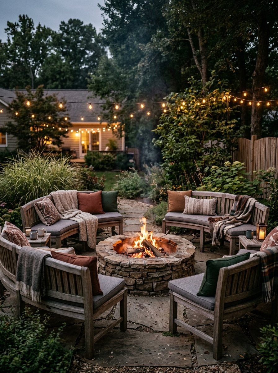 Curved bench seating around a fire pit