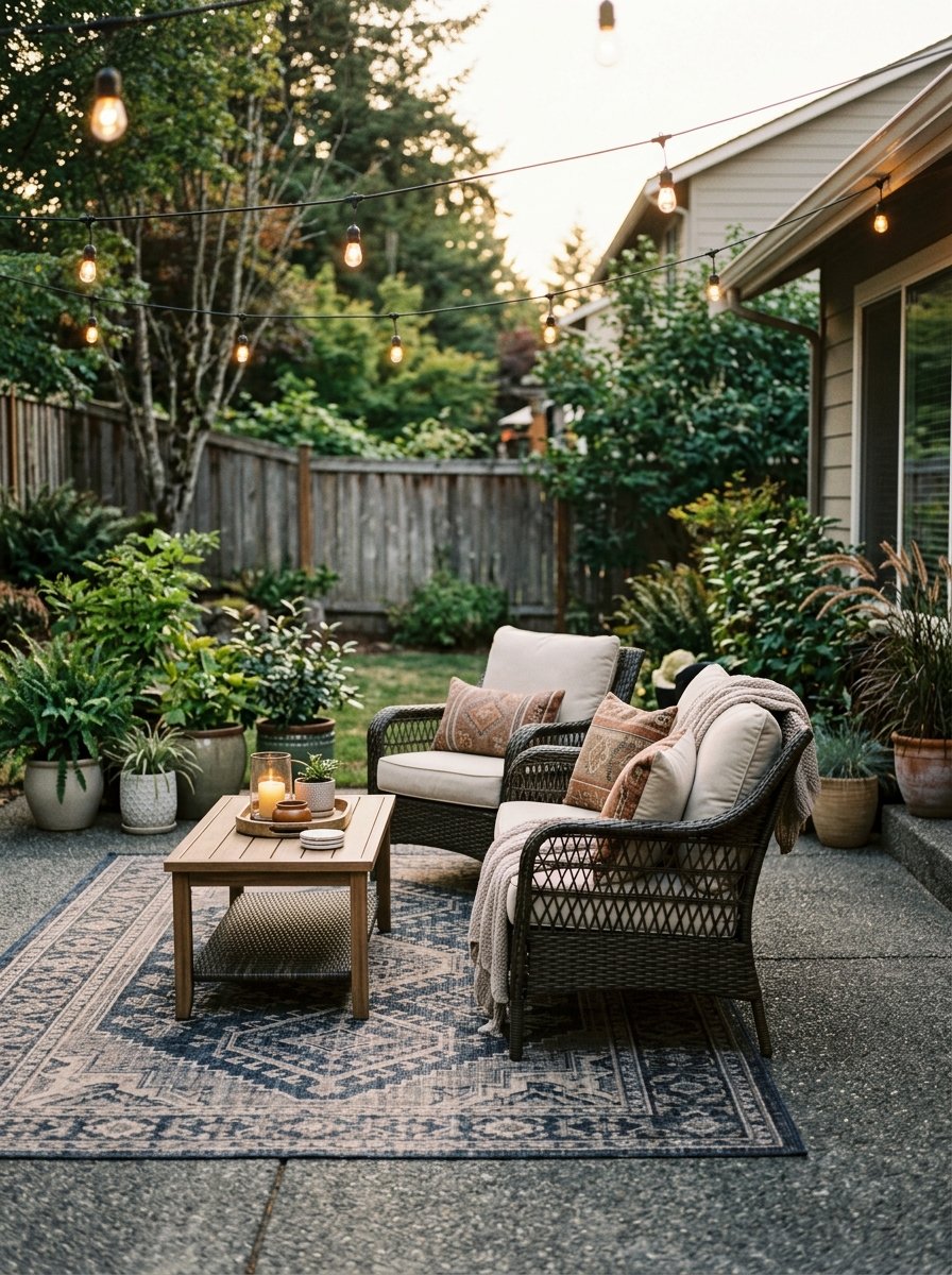 Outdoor rug under patio seating