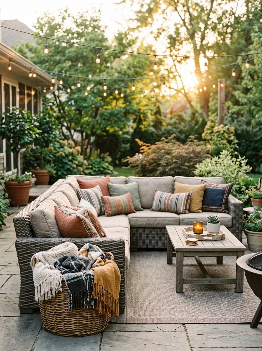 Outdoor pillows and throw blankets on patio furniture