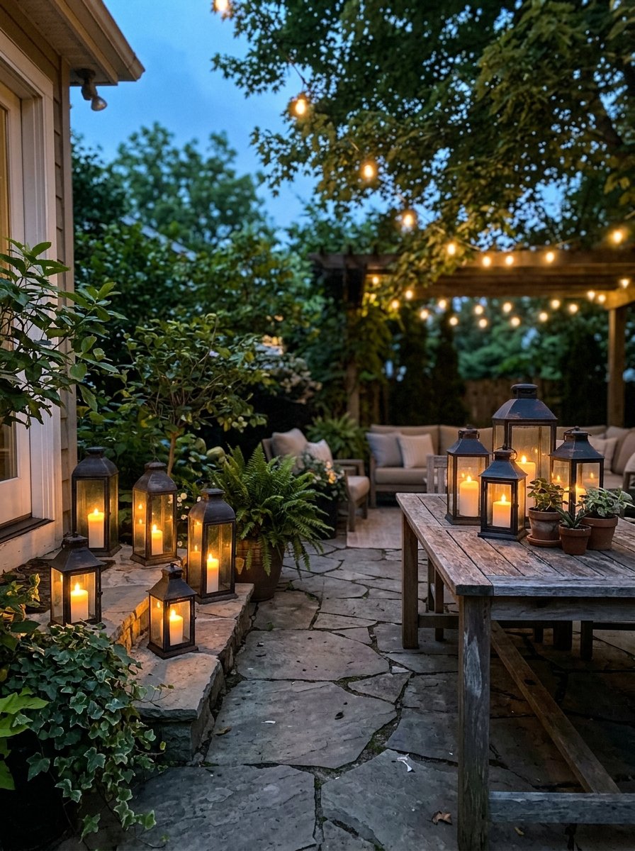 Lanterns with LED candles on a patio
