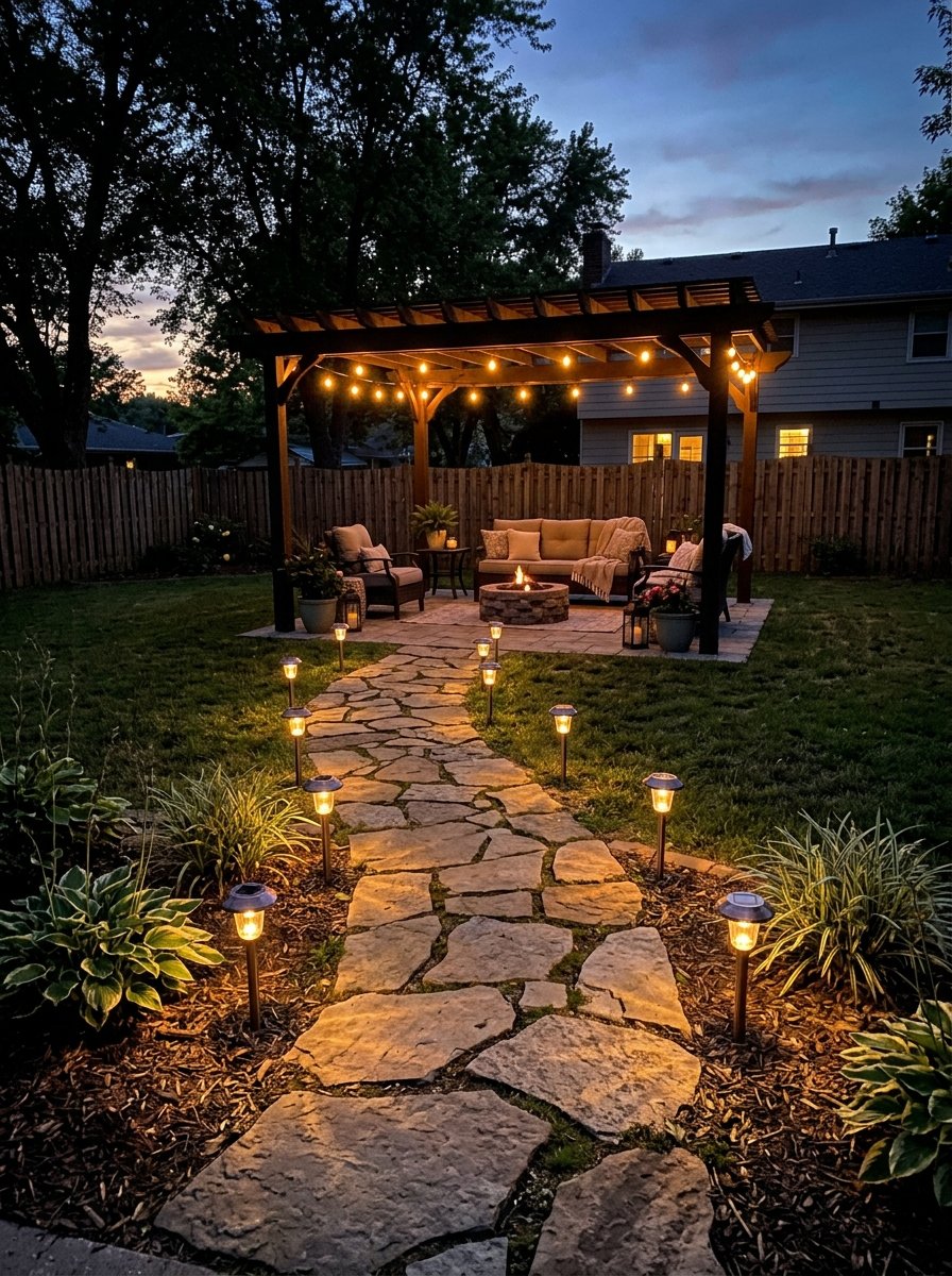 Solar path lights along a garden walkway