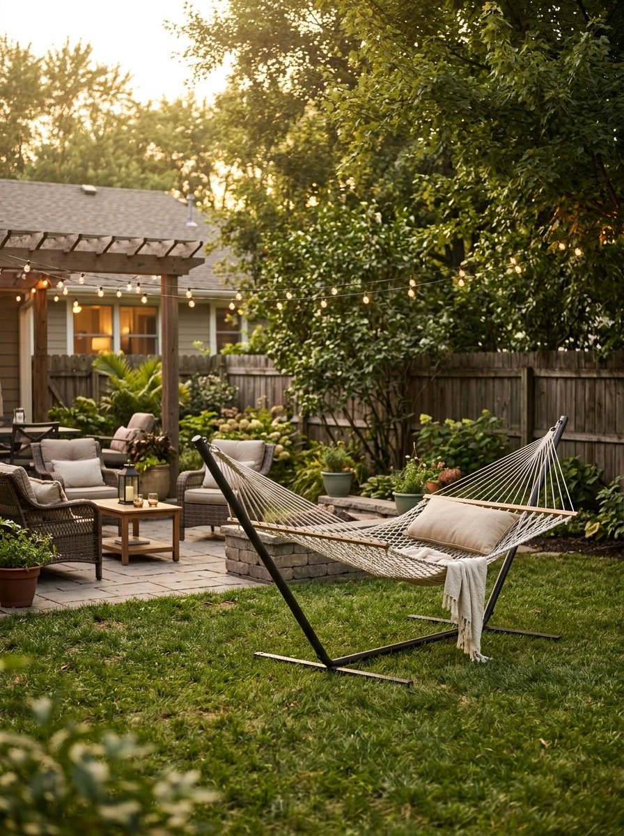 Hammock on a freestanding stand on a patio