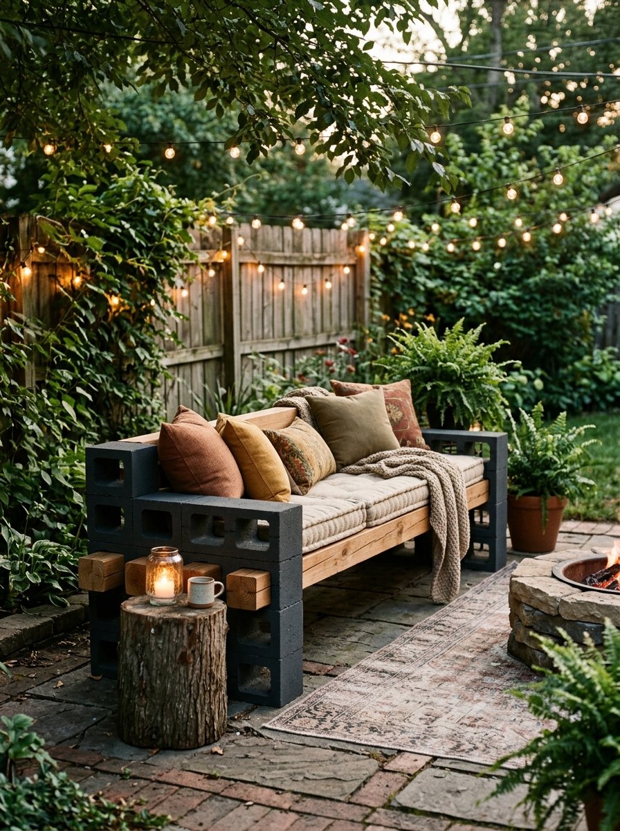 DIY cinder block bench with cushions