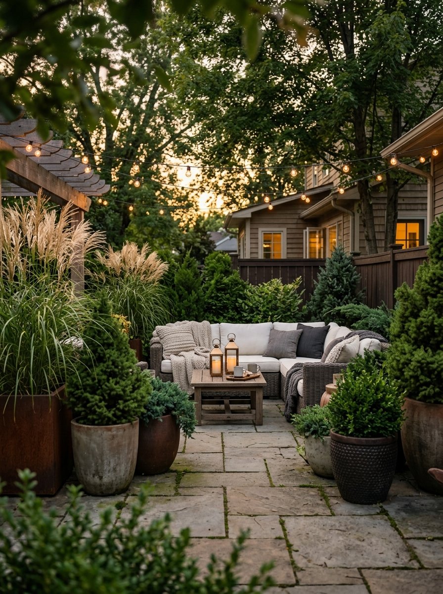 Potted plants and ornamental grasses on a patio