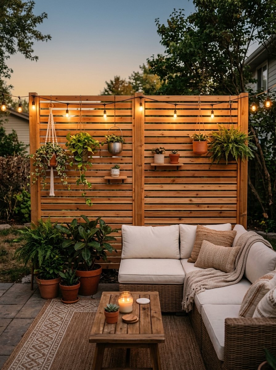 Privacy screen behind a patio seating area