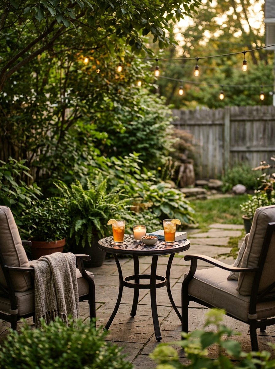 Small outdoor side table between patio chairs