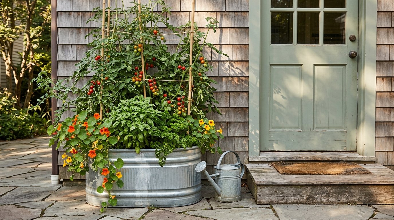 Large planter with tomatoes, basil and nasturtiums by a kitchen door