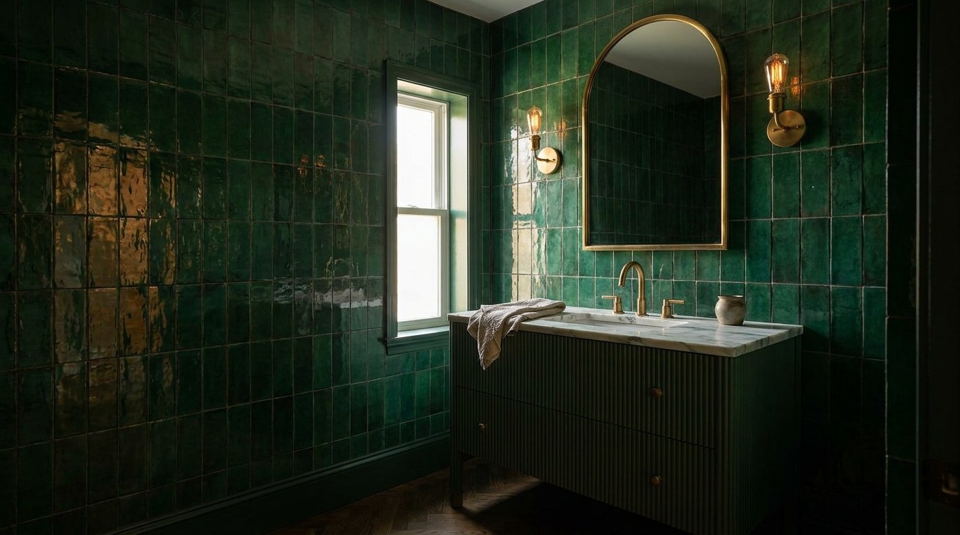 Dark and moody emerald green tiled bathroom with brass fixtures and marble vanity