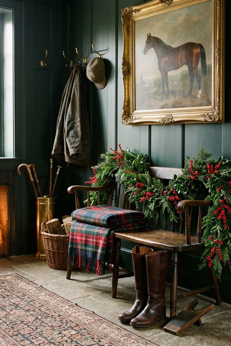 Equestrian-inspired Christmas decor with riding boots