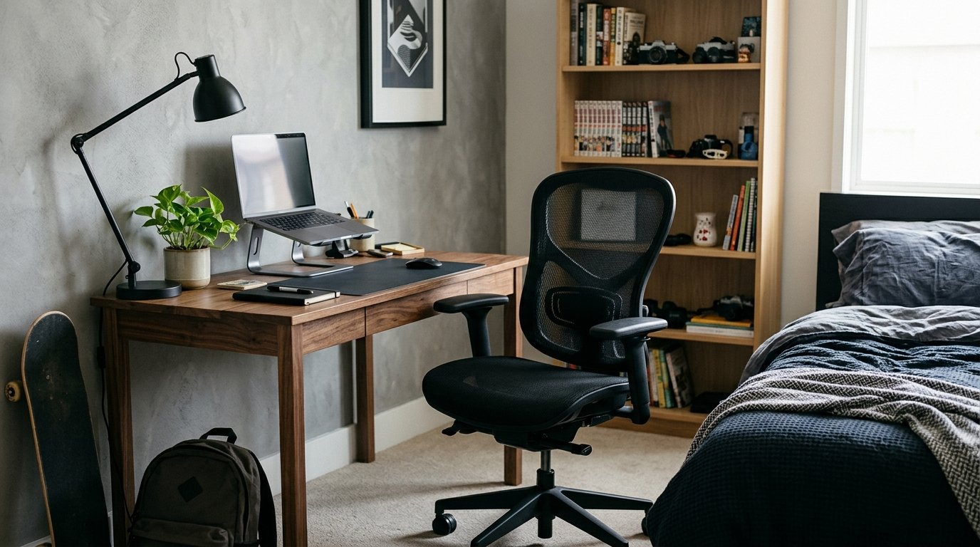 Ergonomic mesh desk chair at a study desk in a modern teen boys bedroom