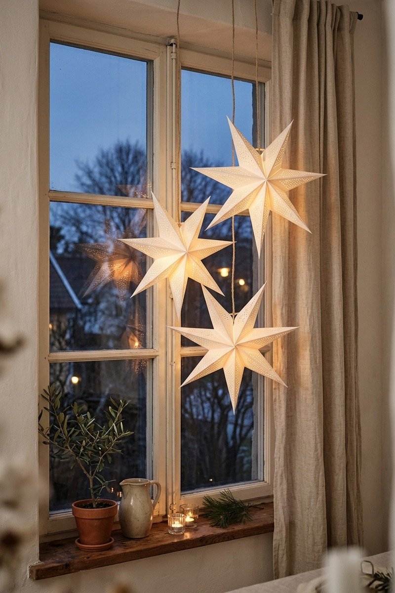 Estrellas de papel iluminadas en la ventana