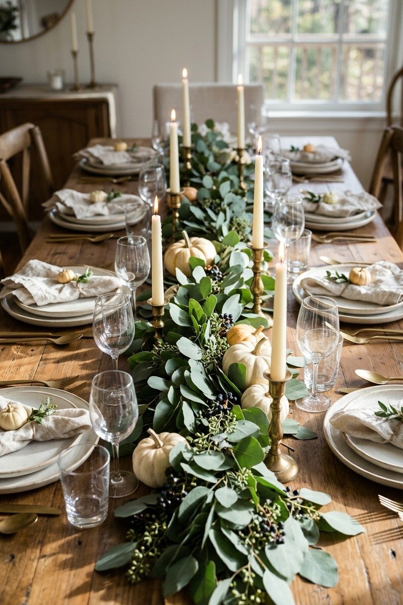 Eucalyptus garland runner on a Thanksgiving table