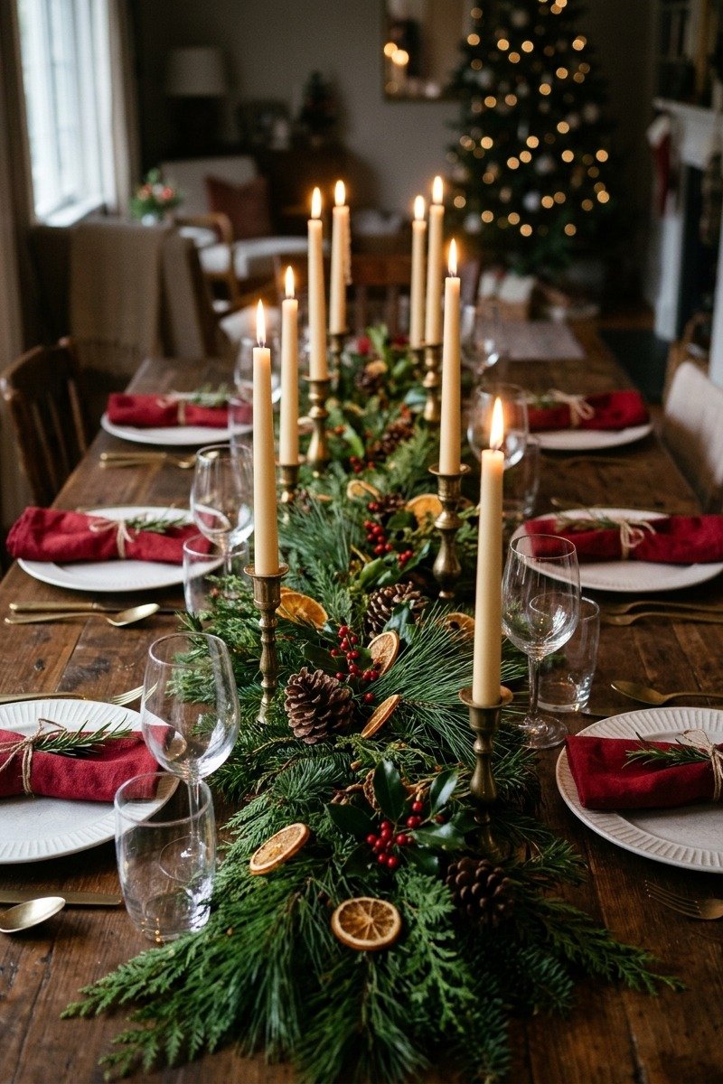 Christmas table with evergreen garland runner