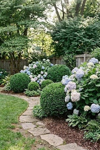Evergreen shrubs giving garden structure
