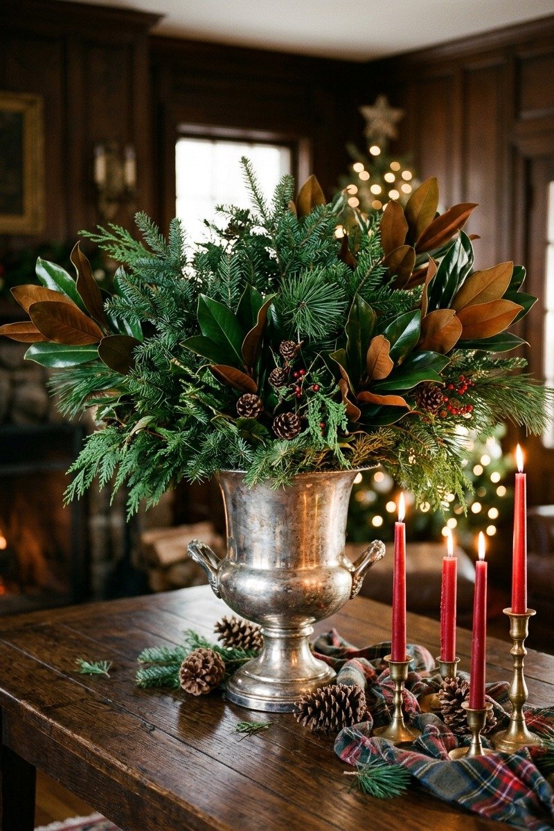 Evergreen branches in a silver urn