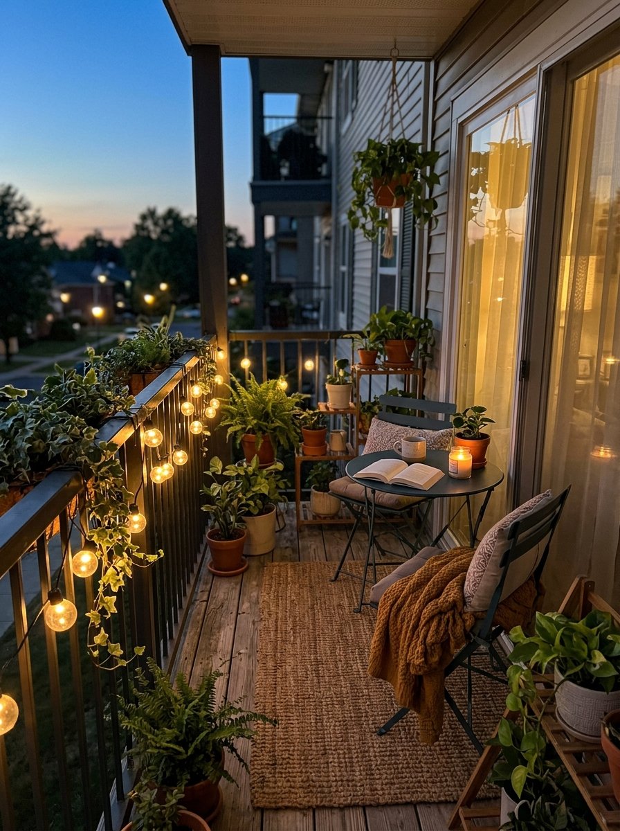 String lights along a balcony railing