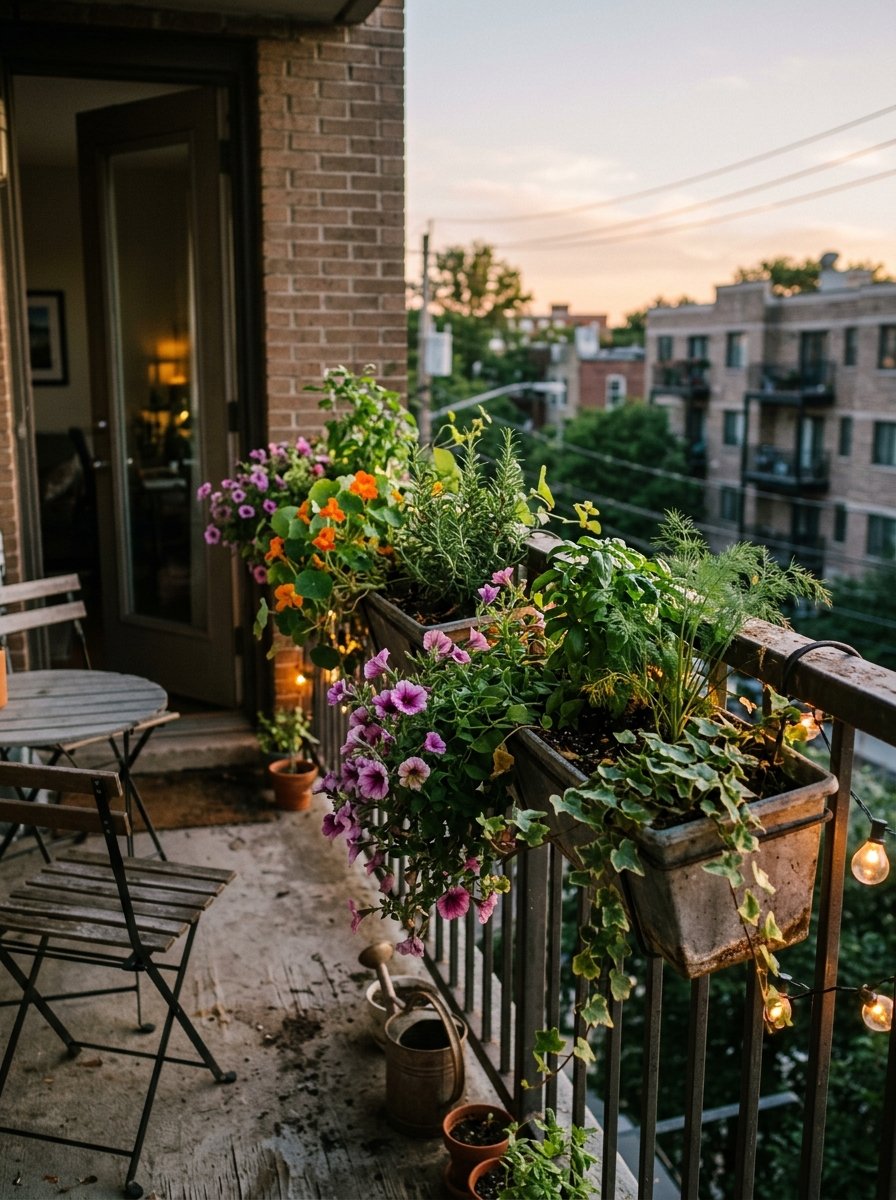 Railing planters with herbs and flowers