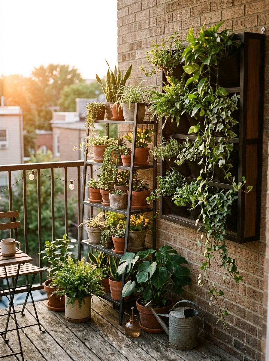 Vertical garden on a small patio wall