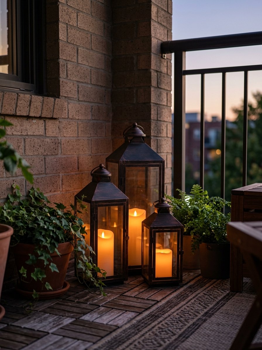 Lanterns with LED candles on a balcony