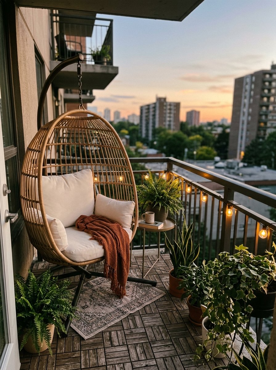 Hanging egg chair on a small patio