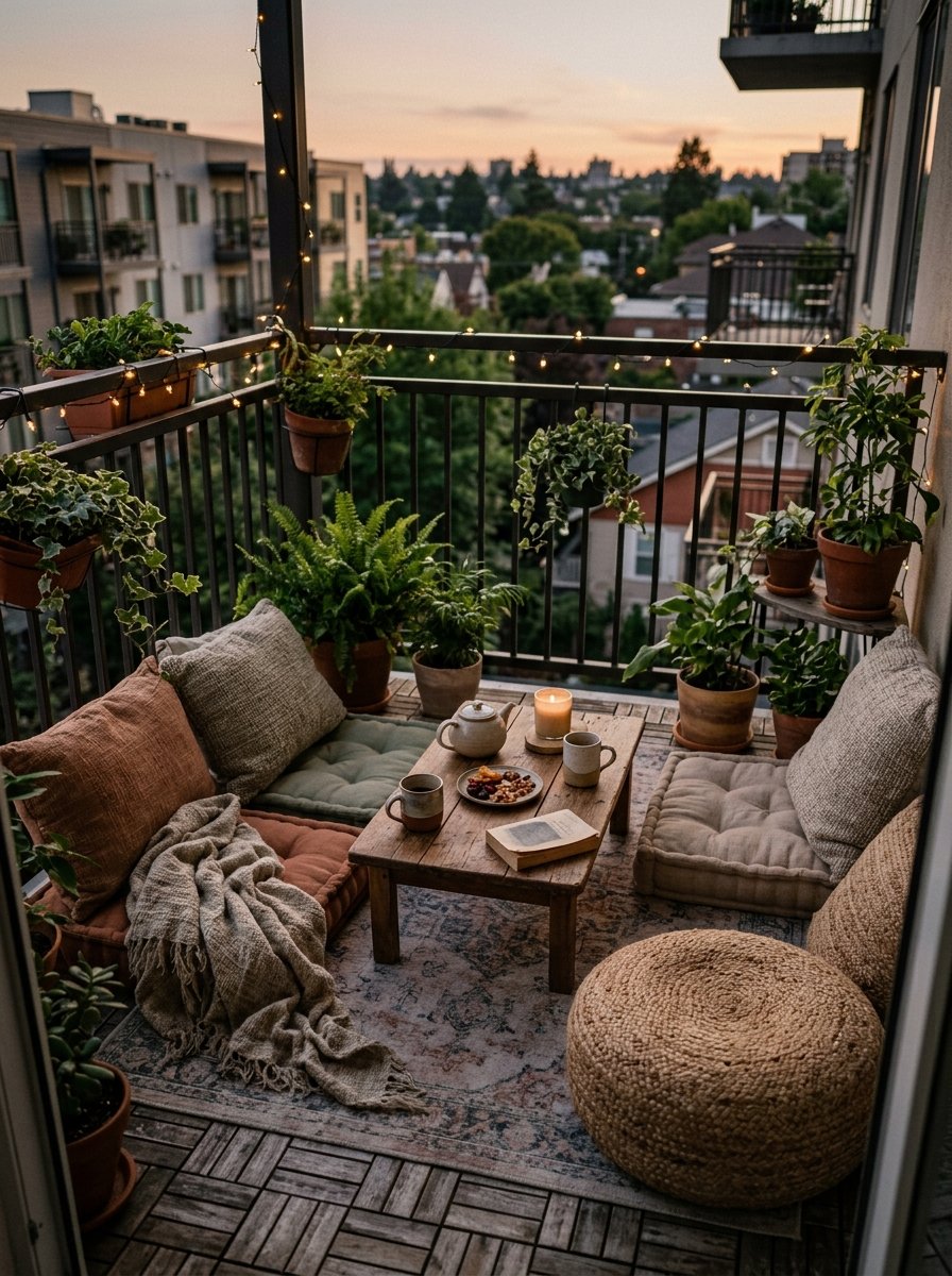 Floor cushions and a pouf on a small patio