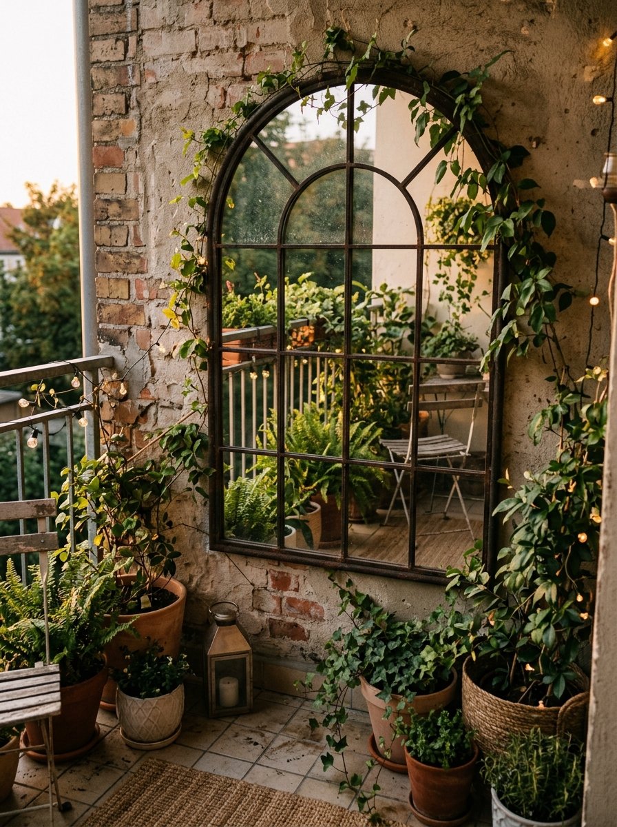 Outdoor mirror on a small patio wall