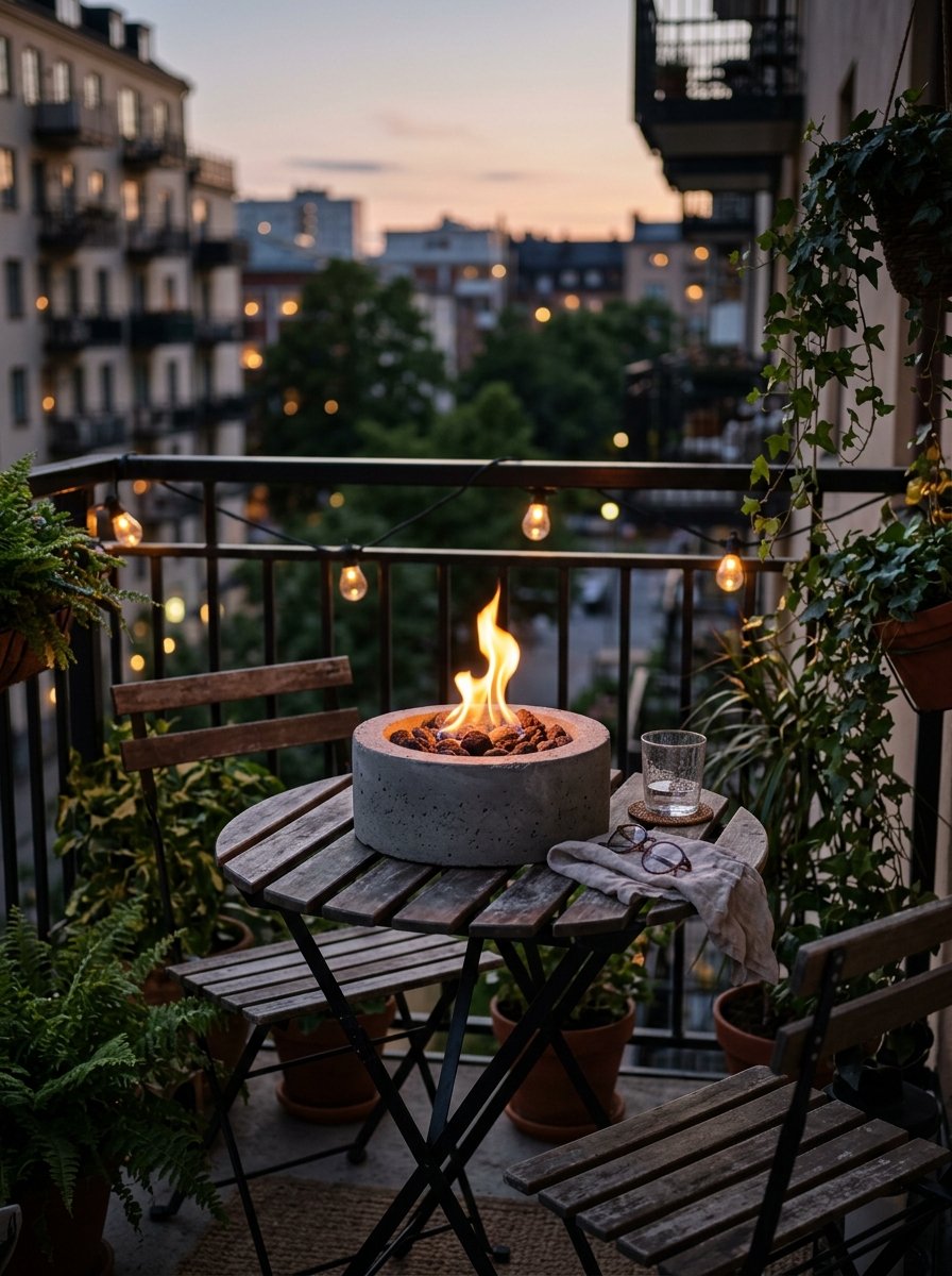 Tabletop fire bowl on a small patio table