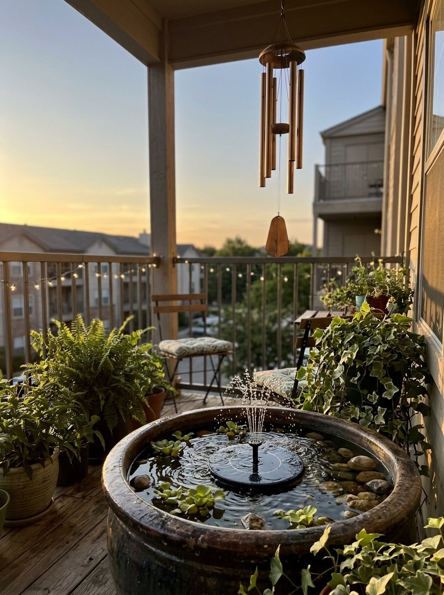 Solar fountain and wind chime on a small patio